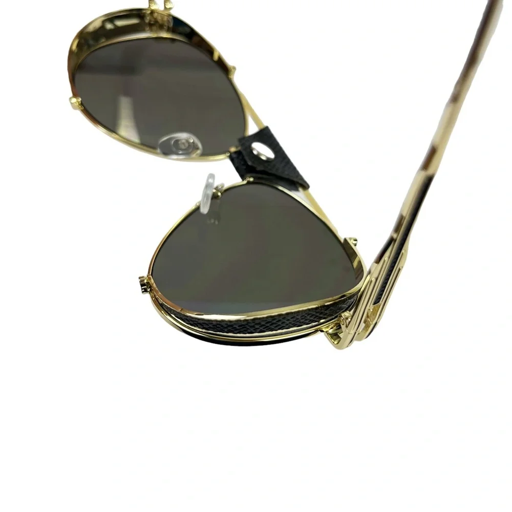 AVIATOR Gold Metal Frame Blue Purple Lense Faux Leather Black Trim Sunglasses - Picture 15 of 15